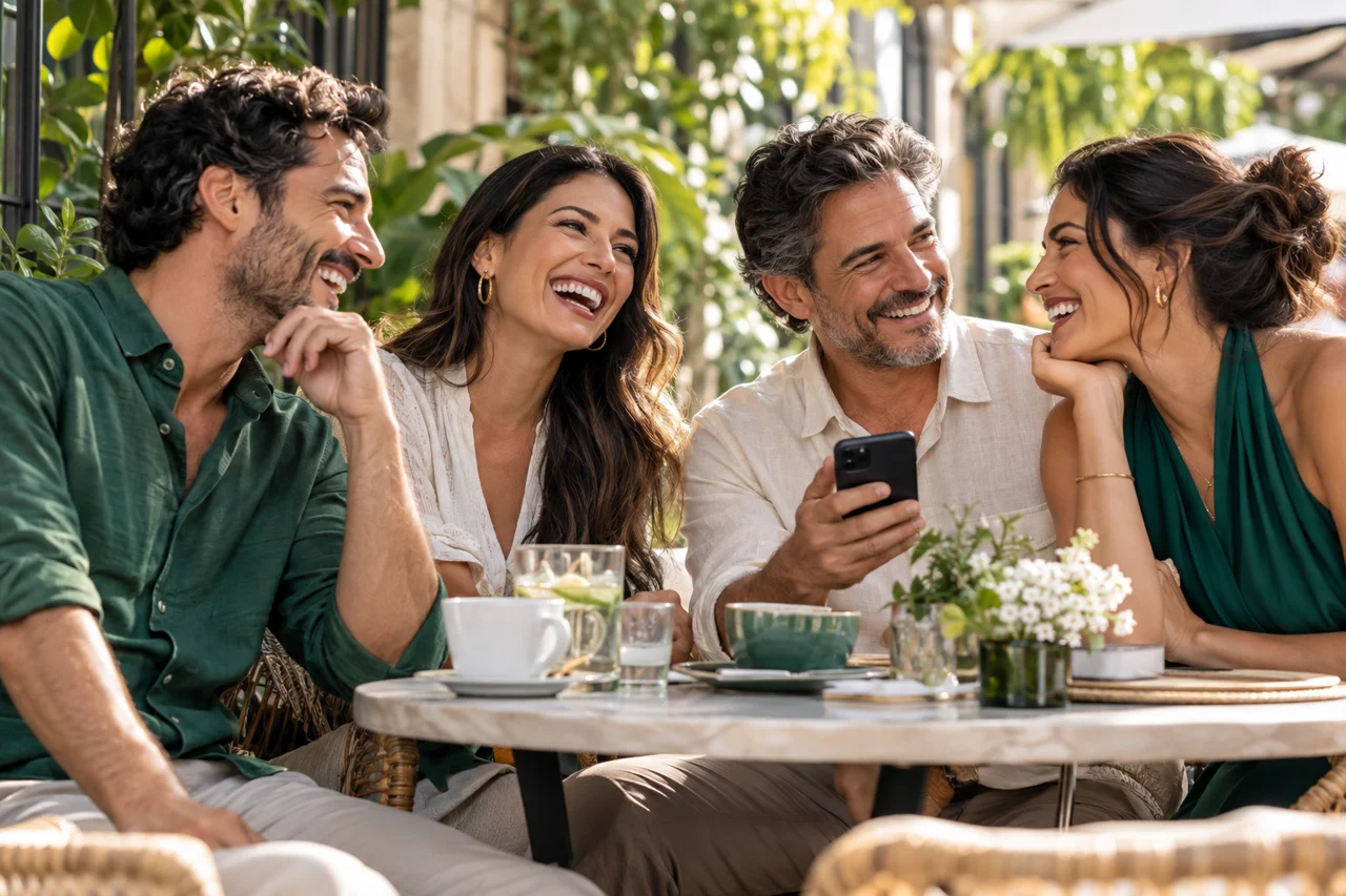 Amigos adultos compartiendo un momento en una terraza