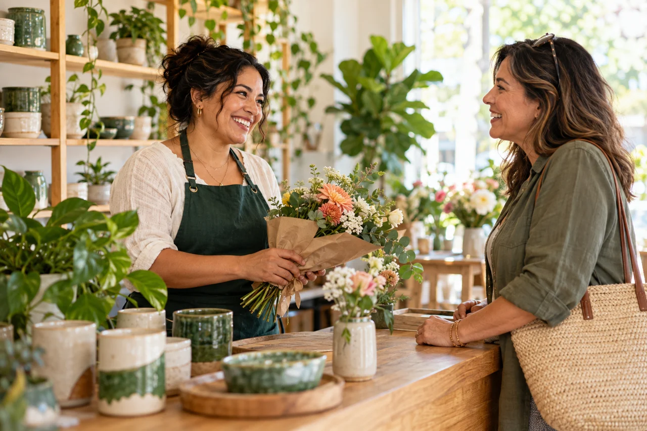 Una emprendedora adulta conversando con una clienta en su negocio